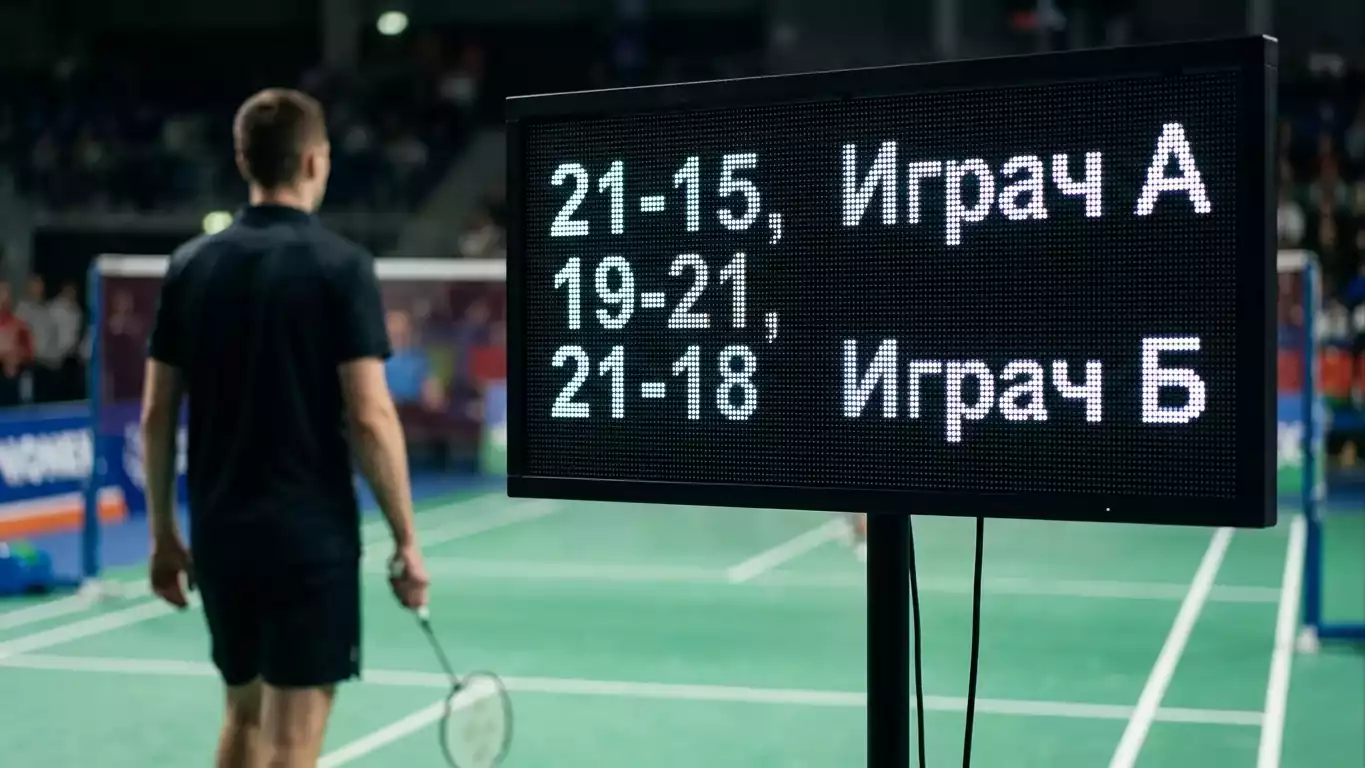 LED табло показва финален резултат 2-1 по геймове в бадминтон