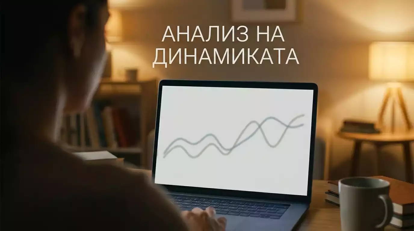 Аналитик гледа графика на лаптоп с движение на стойност във времето