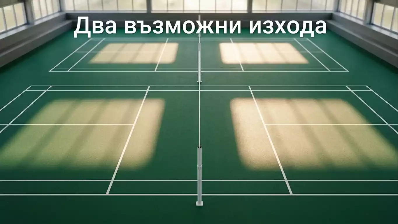 Корт за бадминтон с две различни пътеки за резултата 2-0 или 2-1