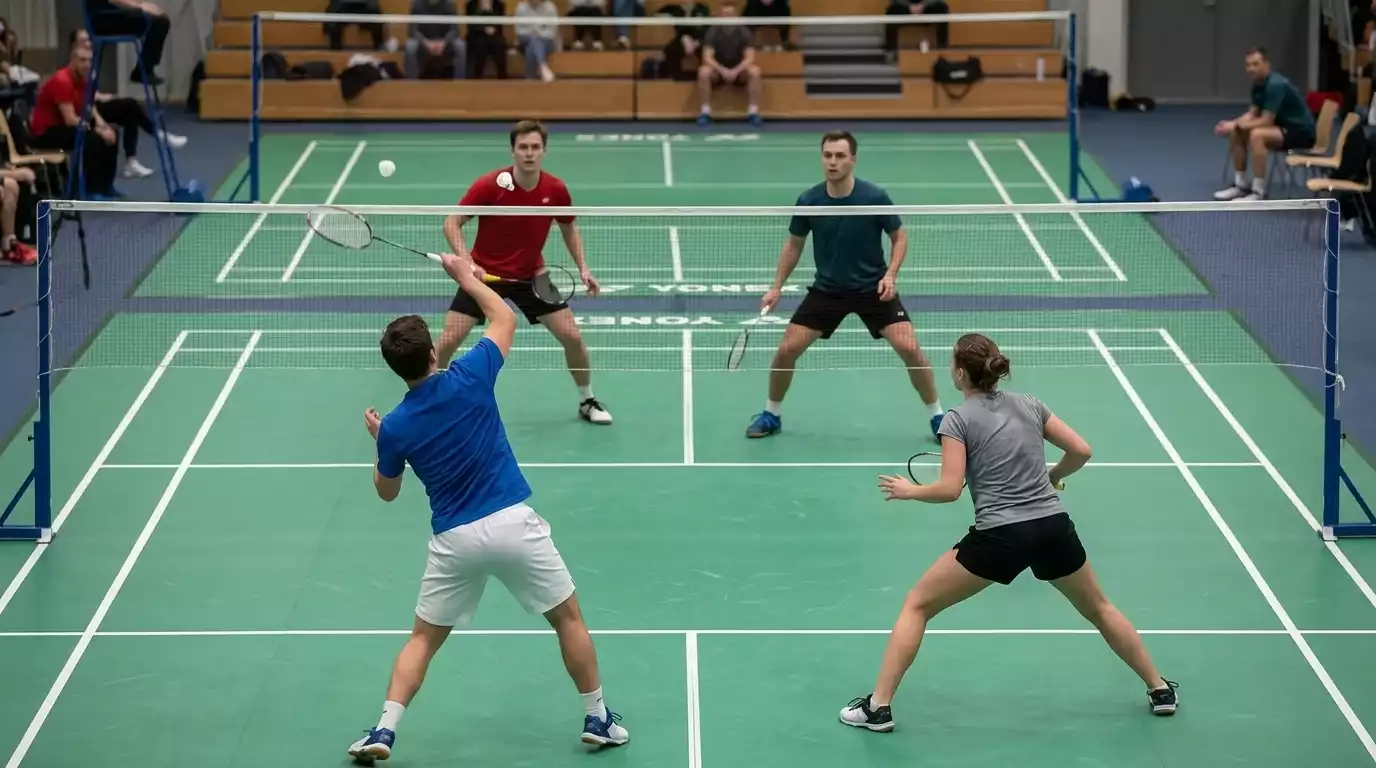 Бадминтонна арена с играчи по време на турнир от BWF World Tour
