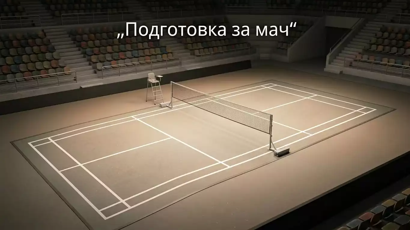 Чист празен бадминтонен корт преди начало на честен международен мач