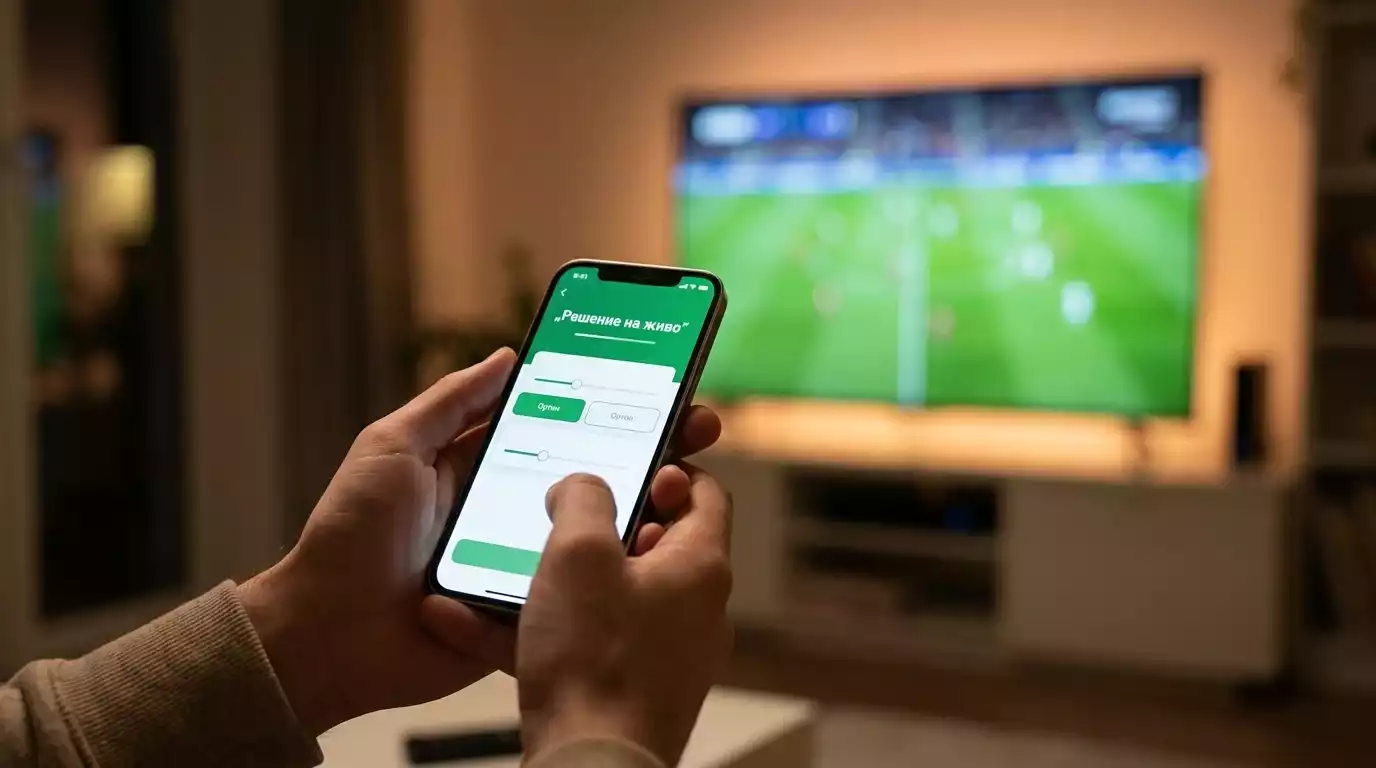 Залагащ преглежда in-play коефициенти на смартфон по време на мач