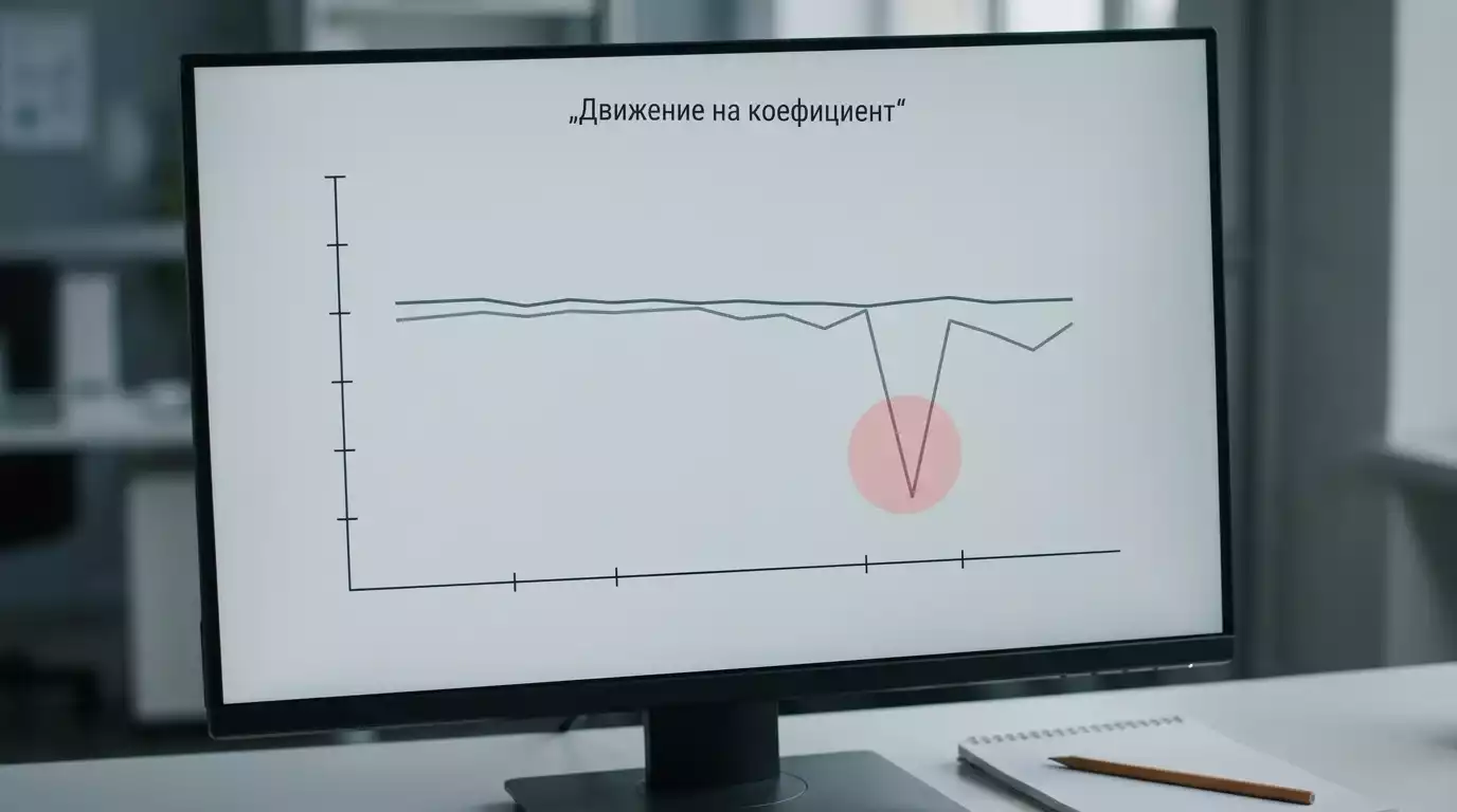 Графика на движение на коефициенти с маркирани аномалии и тактически странности в мач