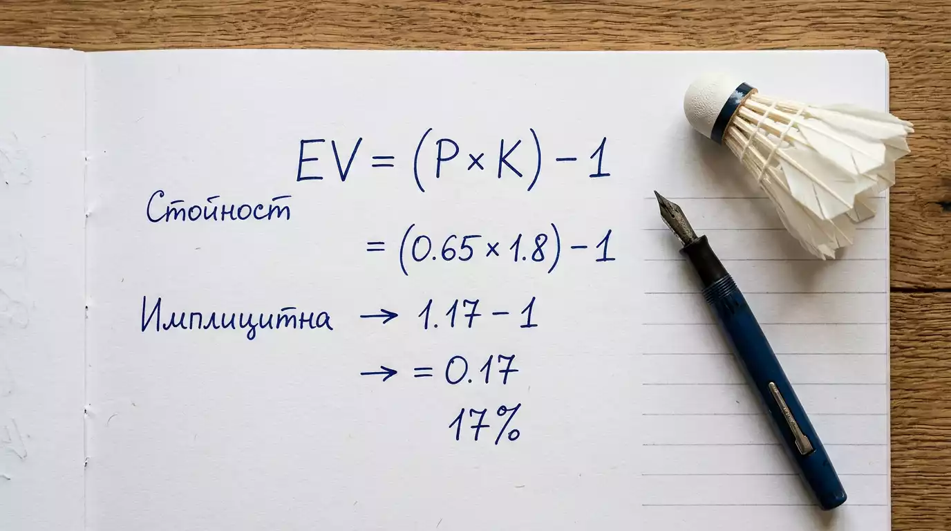 Ръкописни бележки с формула за expected value и пресметнат коефициент върху бяла страница
