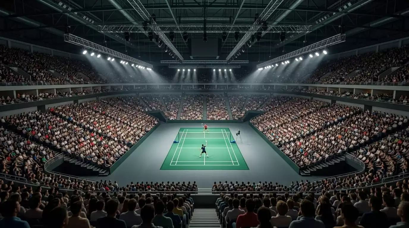 Изглед към арената на BWF World Tour Finals с пълни трибуни и централен корт